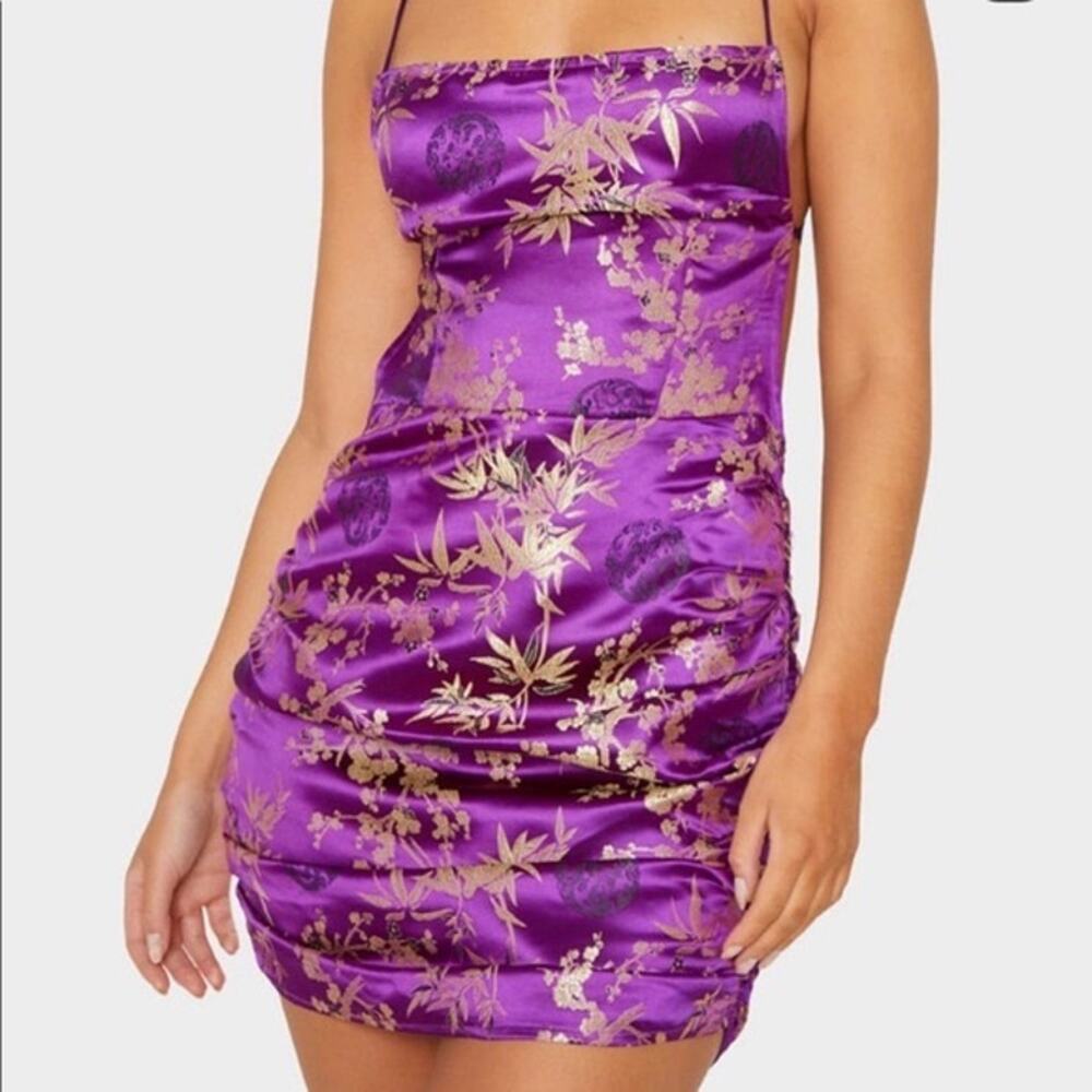 PrettyLittleThing Purple Ruched Jacquard Bodycon Dress Size 4